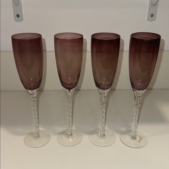 Vintage Other - Elegant Vintage Amethyst Glass Champagne Flutes Clear Twisted Stems, Set of 4